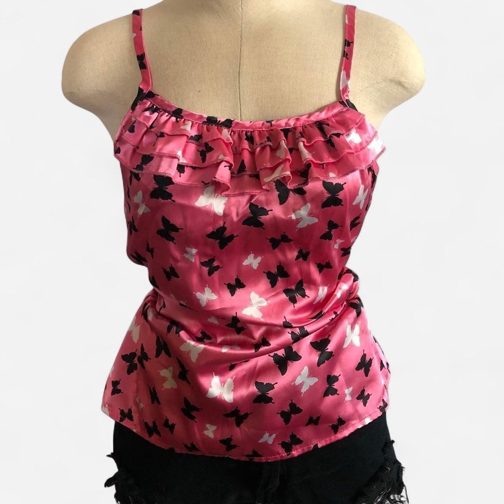 Total Girl Pink and Black Ruffle Trim Butterfly Print Spaghetti Strap Camisole S